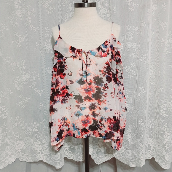 Arizona Jean Company - Long Sleeve Sheer Floral Cold Shoulder Top - Picture 1 of 14